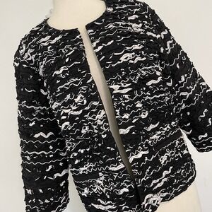 Chicos Beaded Women's Embroidered Gathered Black & White Blazer Jacket Size 2 L